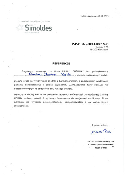 Referencje z firmy Simoldes Plasticos dla Hellux